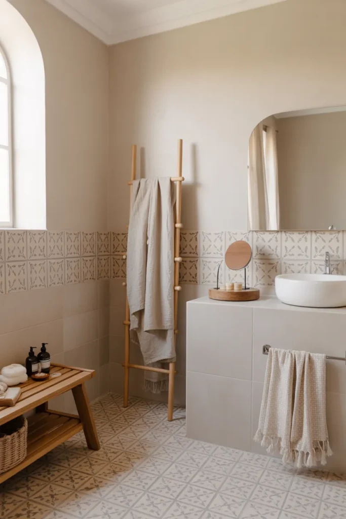 Boho Bathroom with Subtle Patterned Tiles