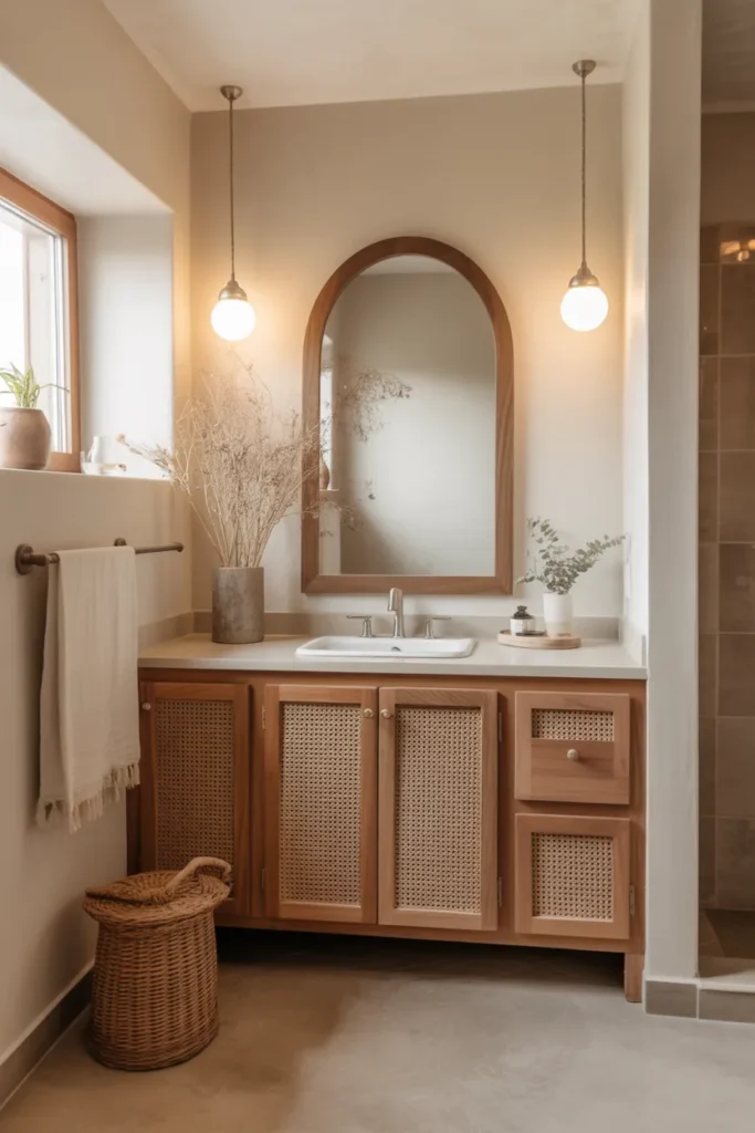 Boho Bathroom with Wooden Vanity Focus