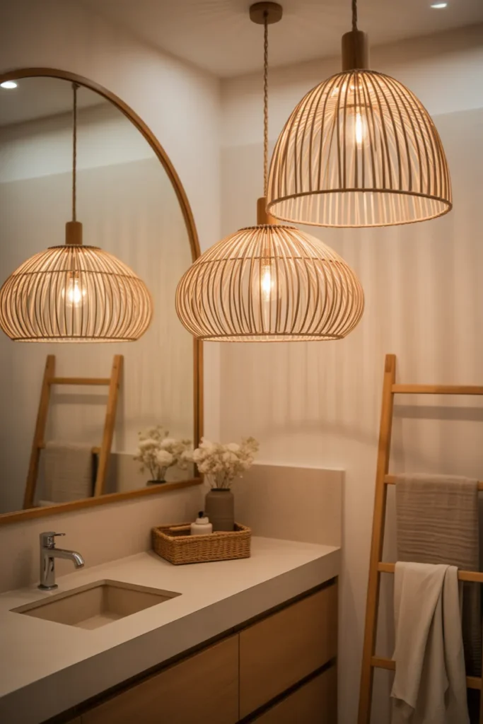 Boho Bathroom with Woven Light Fixtures