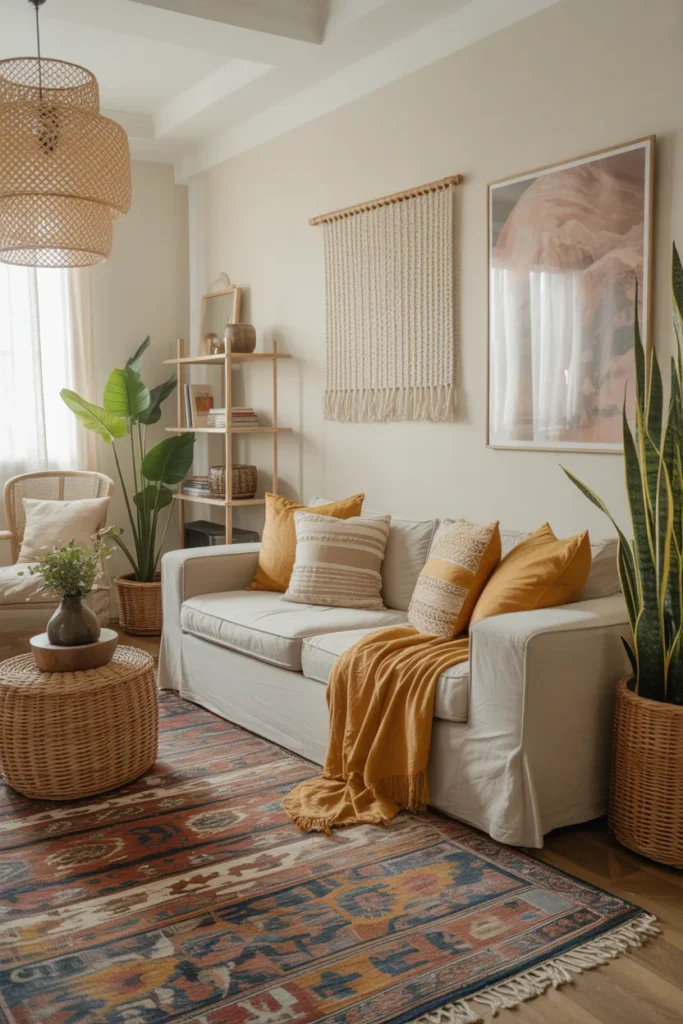 Boho-Chic Living Room with Layered Textiles