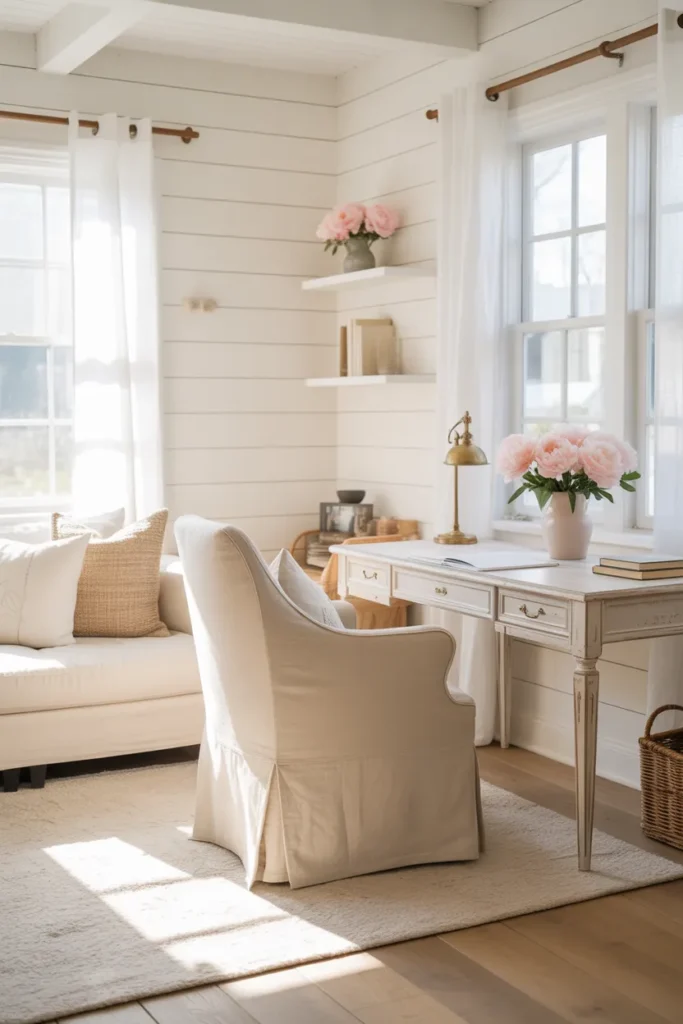 Bright and Airy She Shed Interior with White Decor