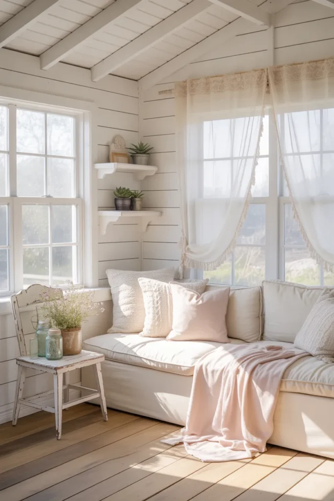 Bright and Airy She Shed with White Decor