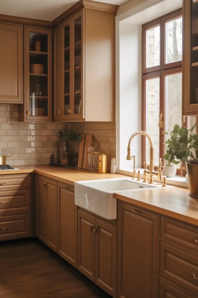 Brown Cabinets with Brass Fixtures