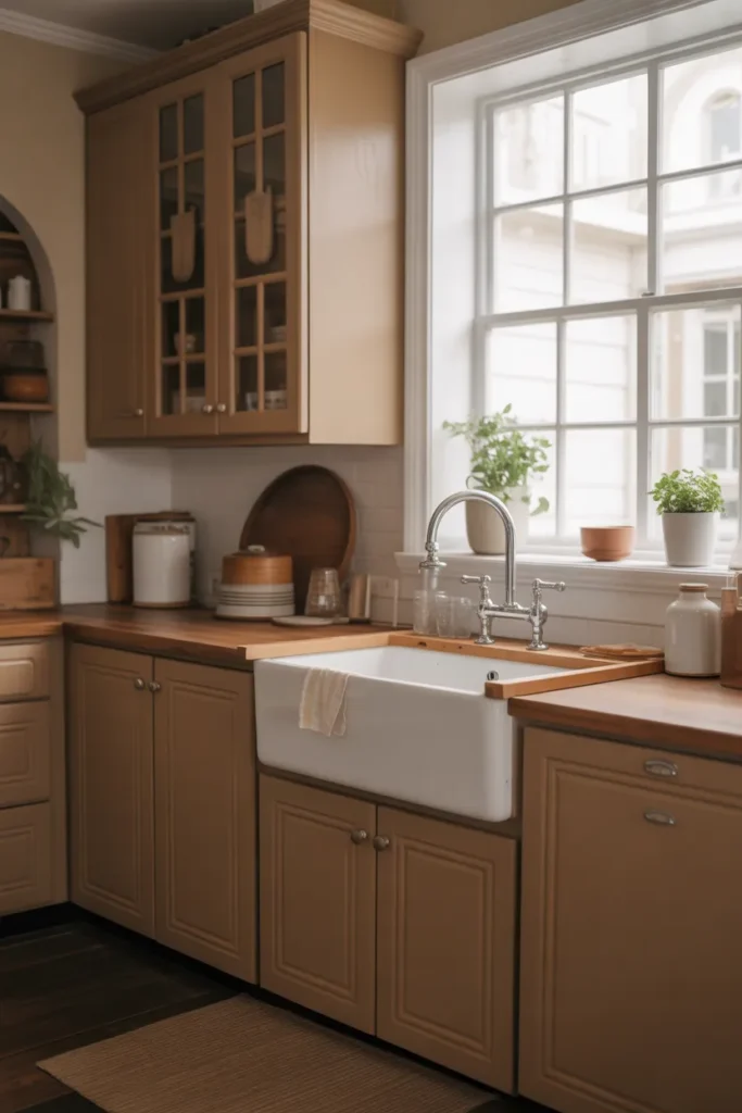 Brown Cabinets with Farmhouse Sink