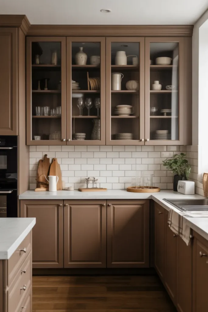 Brown Cabinets with Glass Front Doors