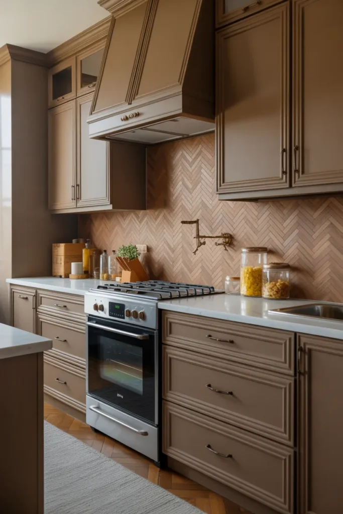 Brown Cabinets with Herringbone Backsplash