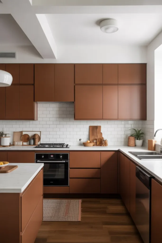 Brown Cabinets with High-Contrast White Walls