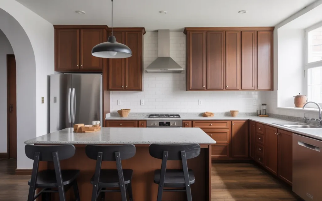 Brown Cabinets with High-Contrast White Walls