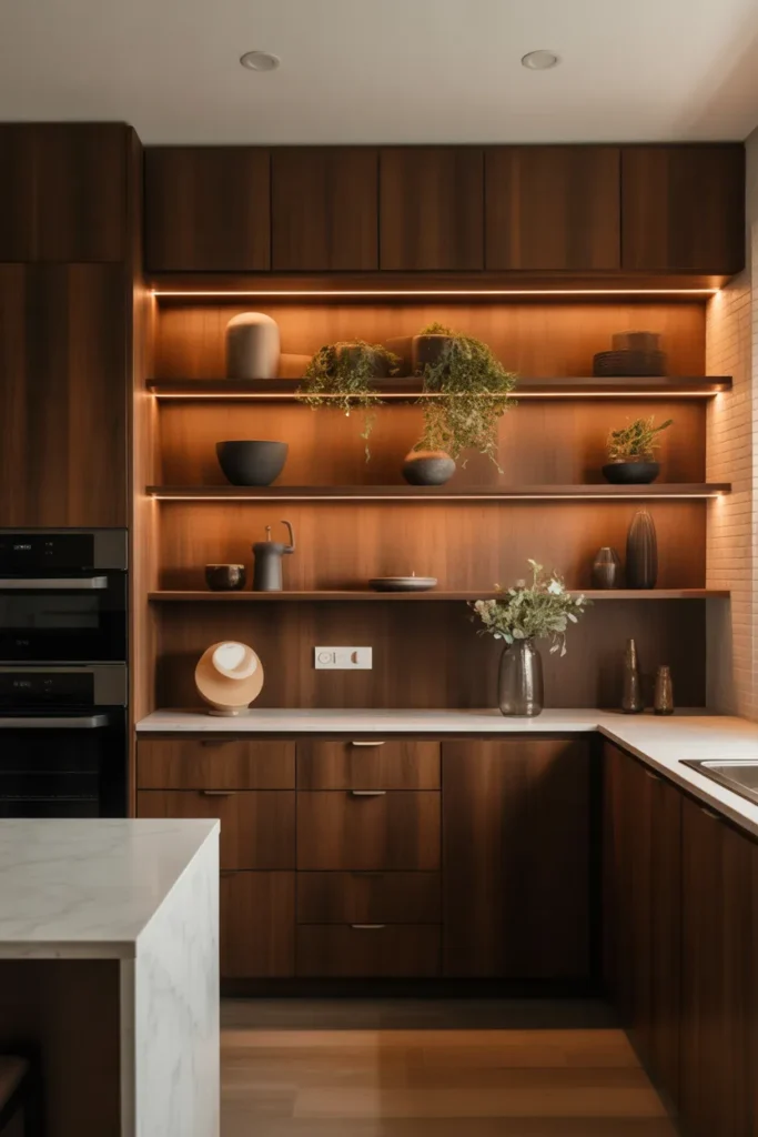 Brown Cabinets with Integrated Lighting