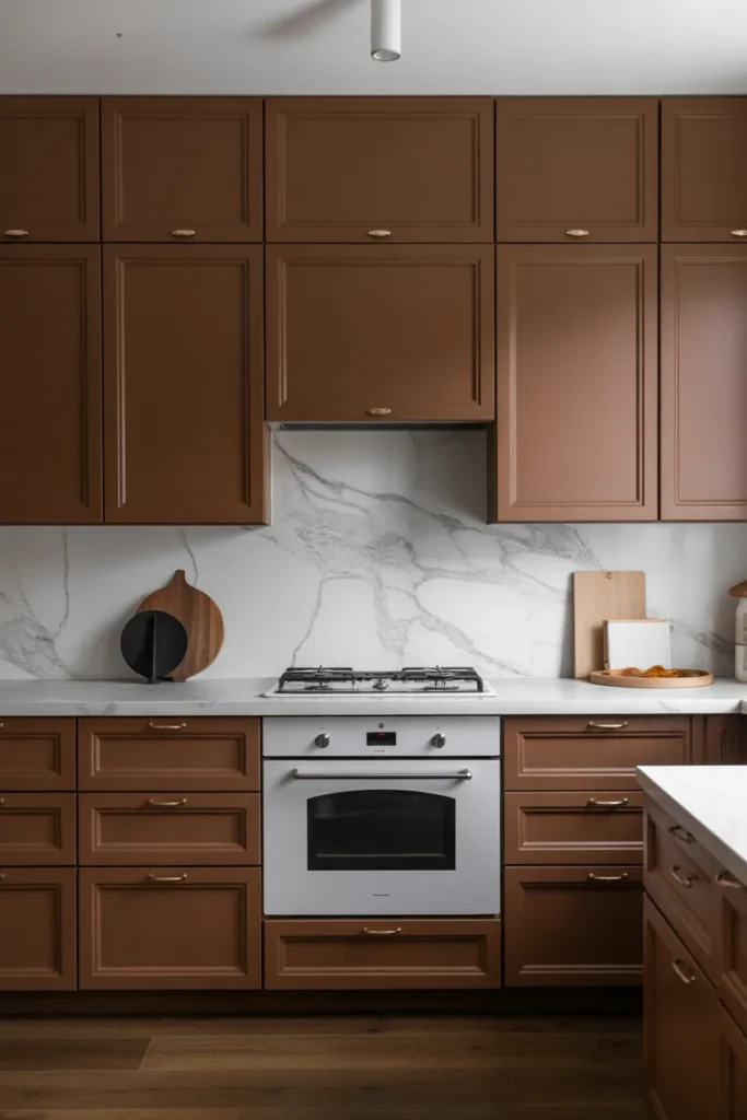 Brown Cabinets with Marble Backsplash