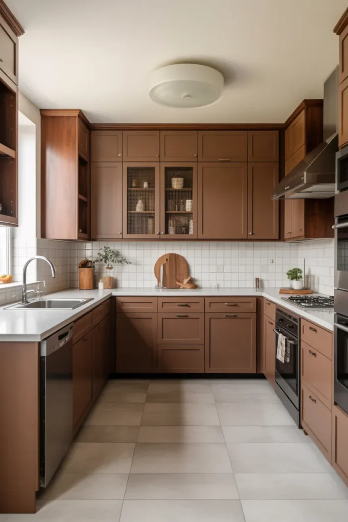 Brown Cabinets with Neutral Tile Flooring