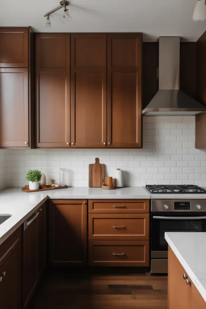 Brown Cabinets with Quartz Countertops
