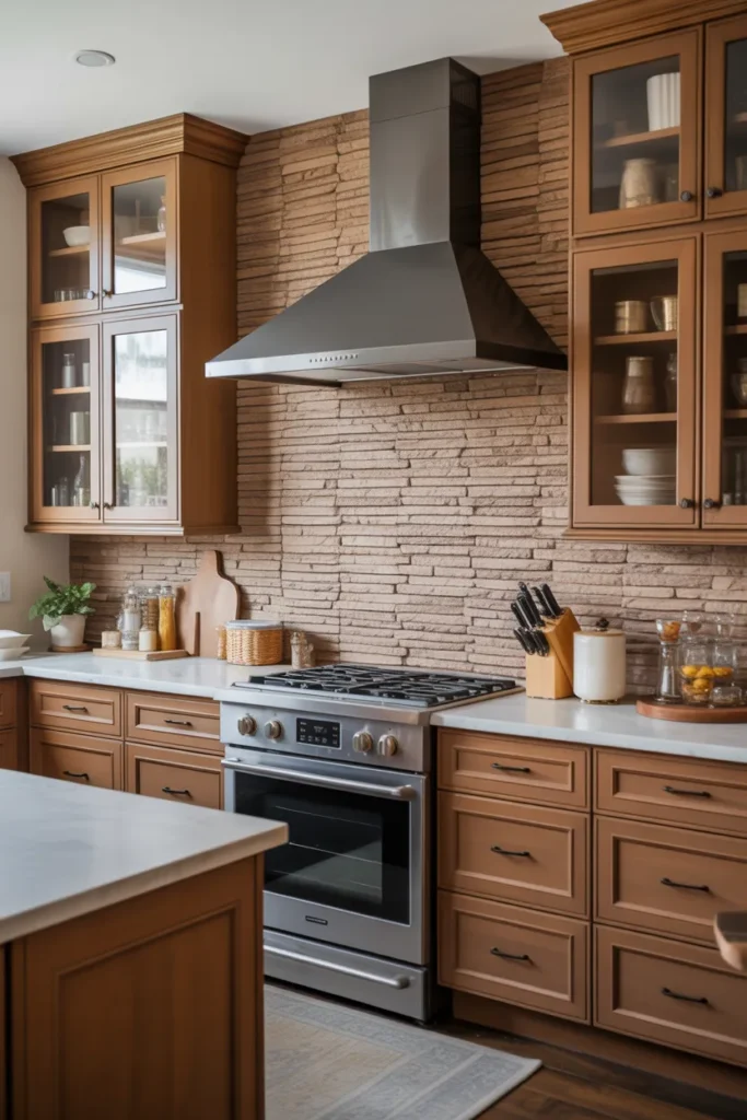 Brown Cabinets with Stone Backsplash