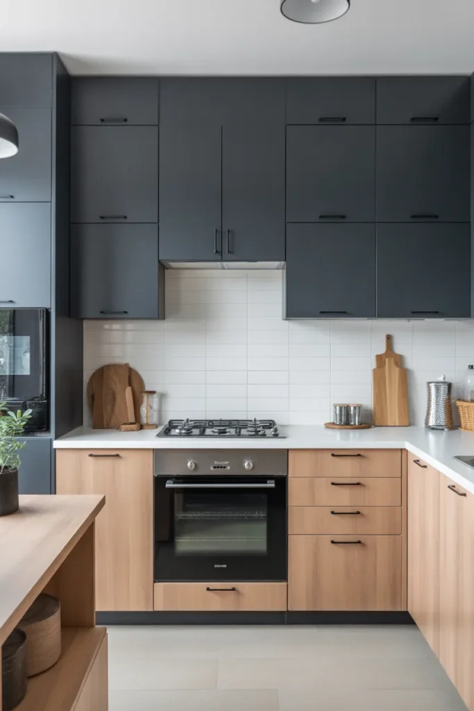 Charcoal Gray and Light Wood Cabinets