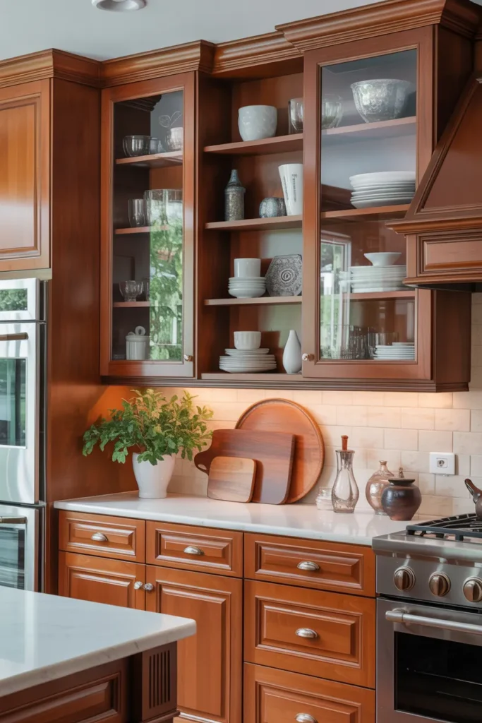 Cherry Cabinets with Glass Display Shelves
