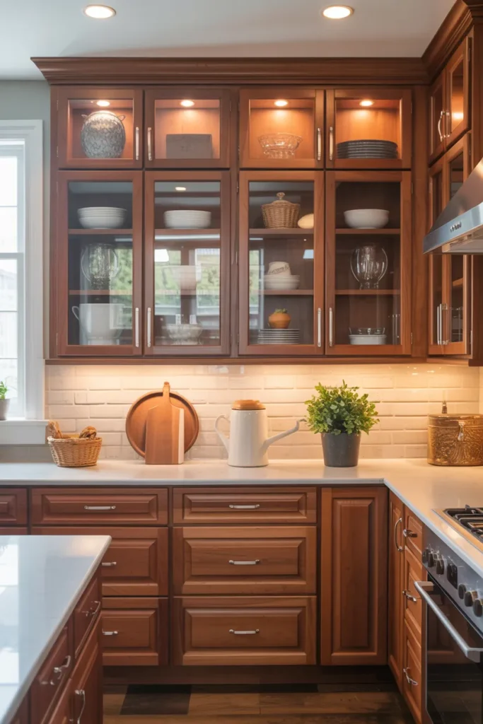 Cherry Cabinets with Integrated Lighting Inside Cabinets