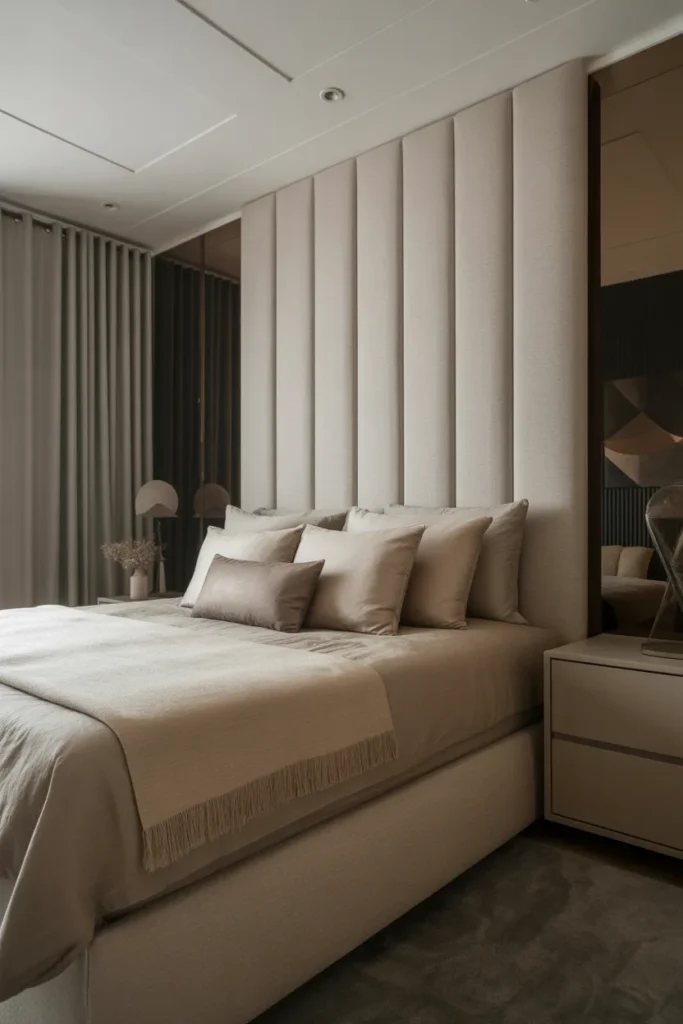 Chic Bedroom with Upholstered Headboard Focus