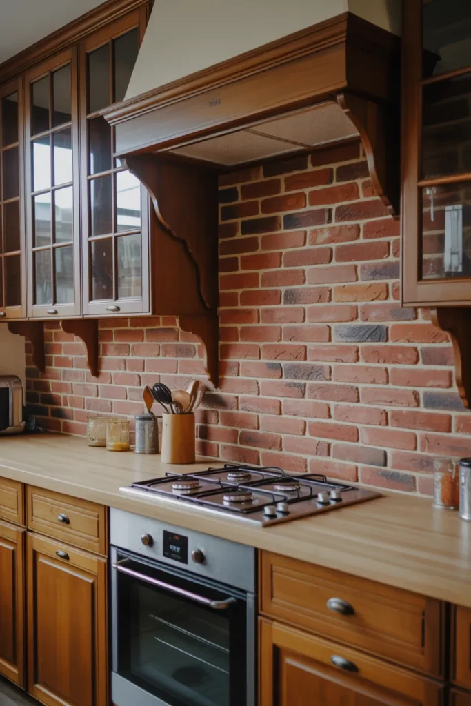 Classic Red Brick Backsplash with Wooden Cabinets