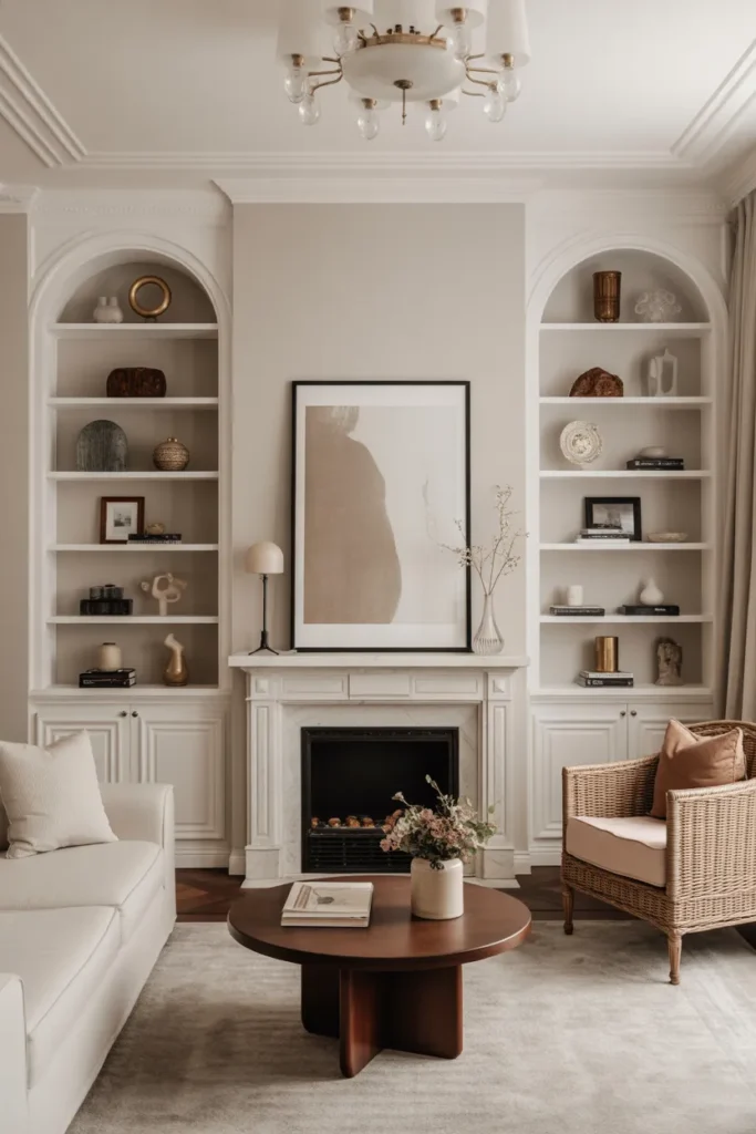 Classy Living Room with Built-In Shelving