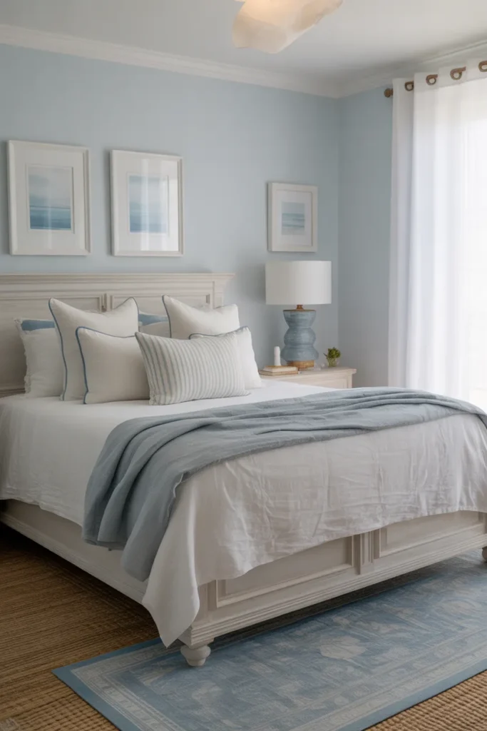 Coastal Bedroom With Soft Blues and Whites