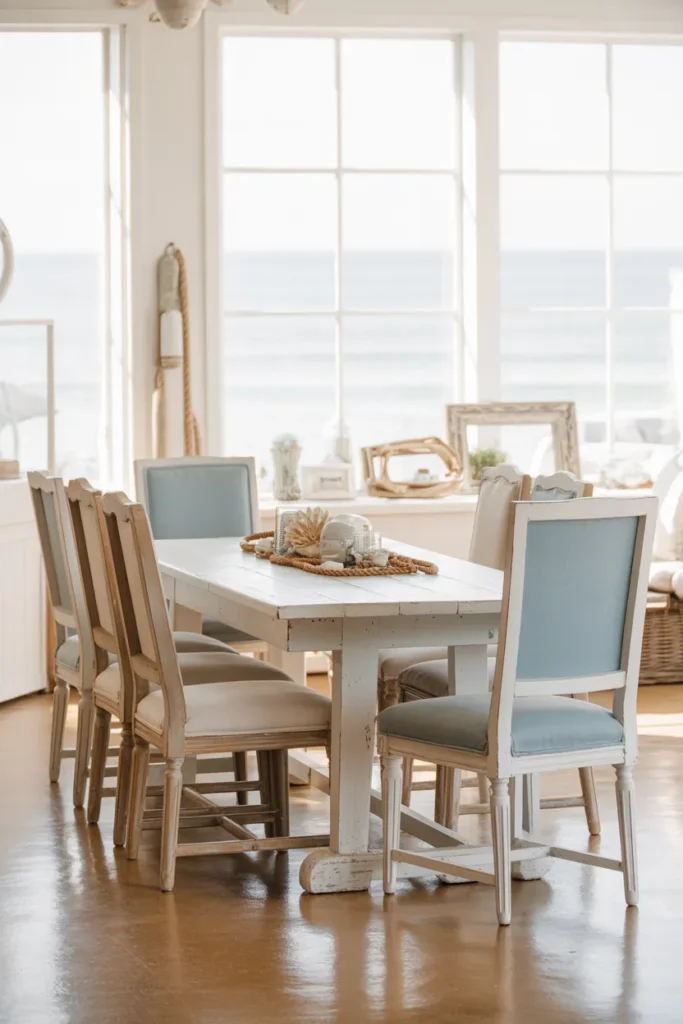 Coastal-Inspired Dining Room with White and Blue Accents