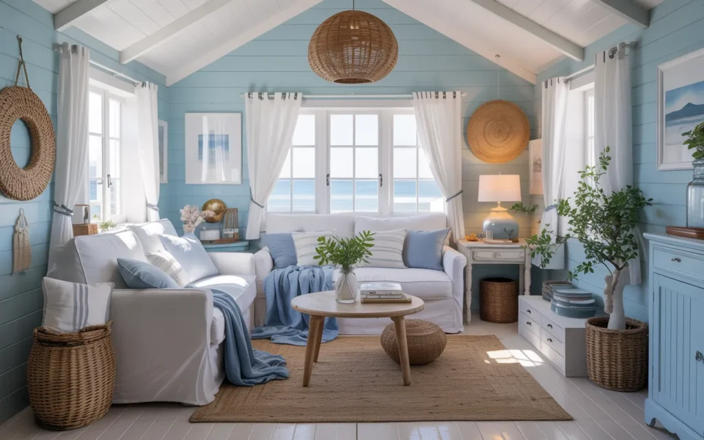 Coastal-Inspired She Shed with Light Blue Accents.