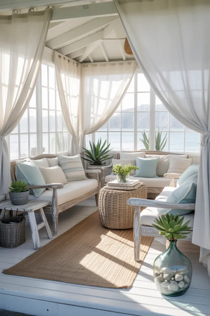 Coastal She Shed Interior with Breezy Tones