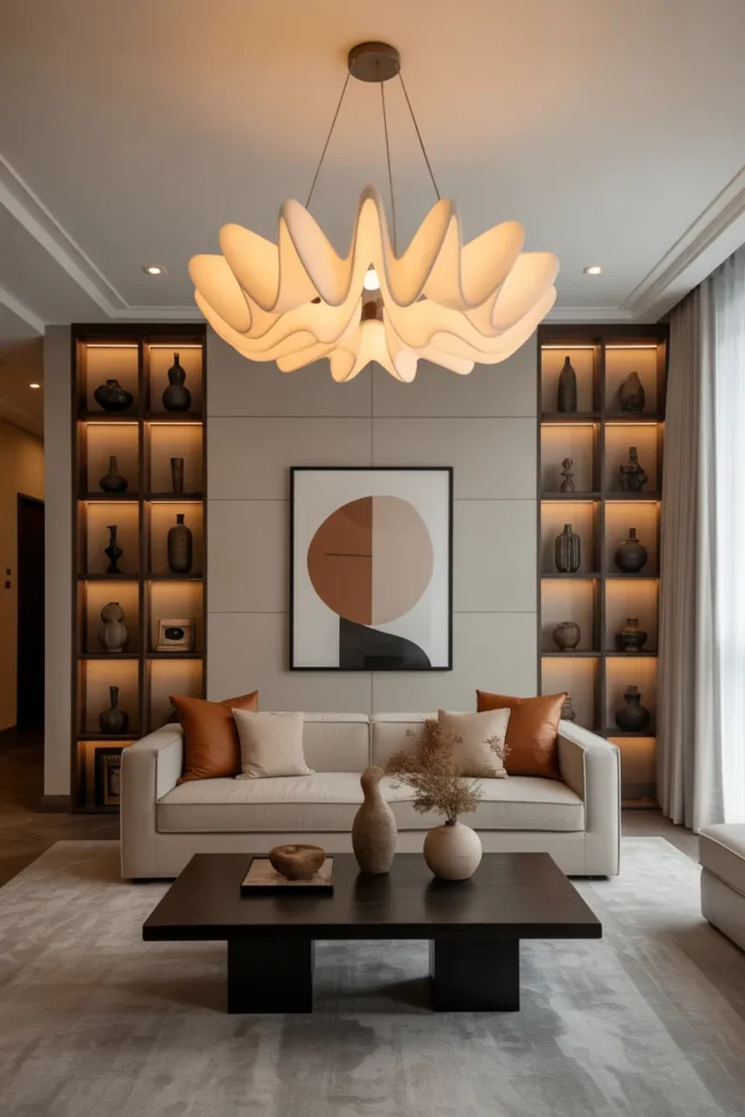 Contemporary Living Room With Statement Lighting