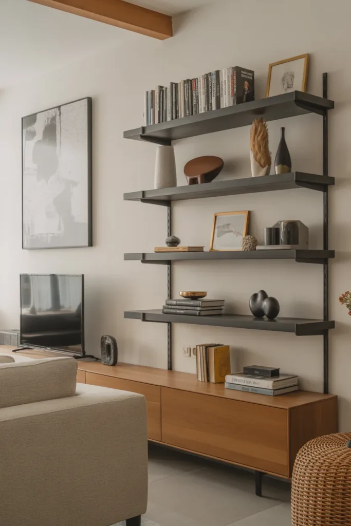 Contemporary Living Room with Floating Shelves
