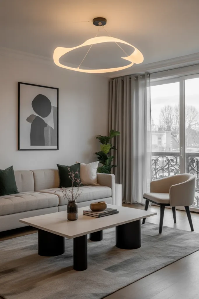 Contemporary Living Room with Statement Lighting Fixture