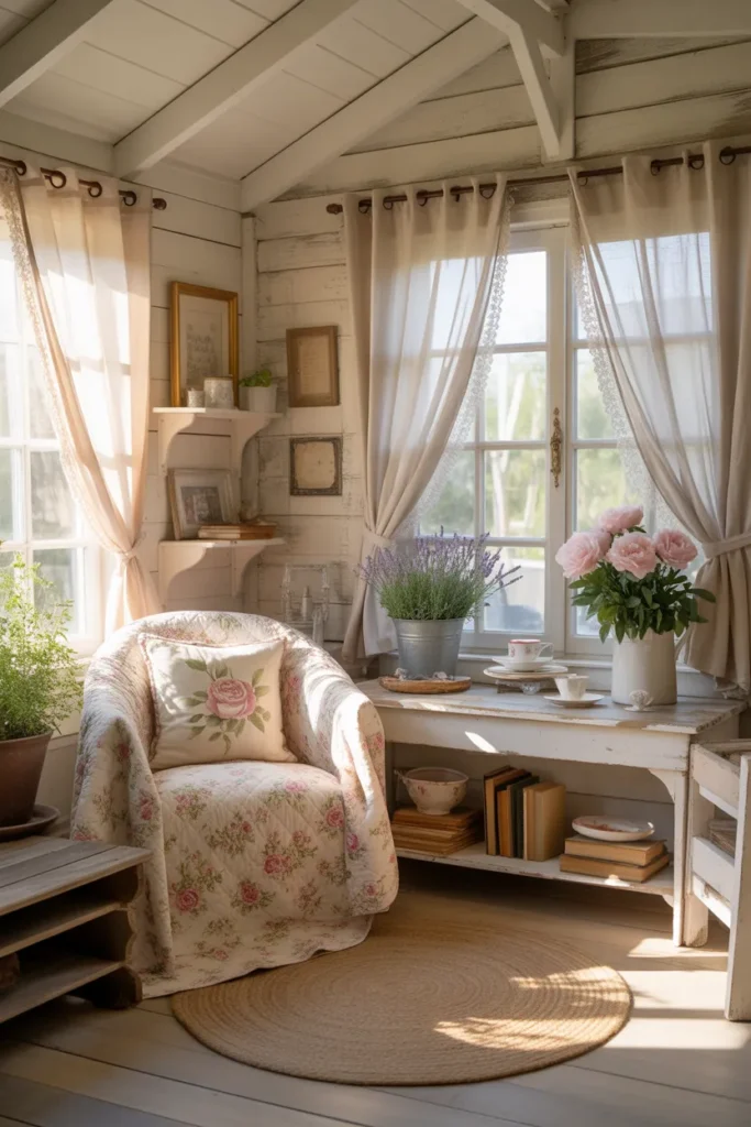 Cottage-Style She Shed Interior with Soft Comfort