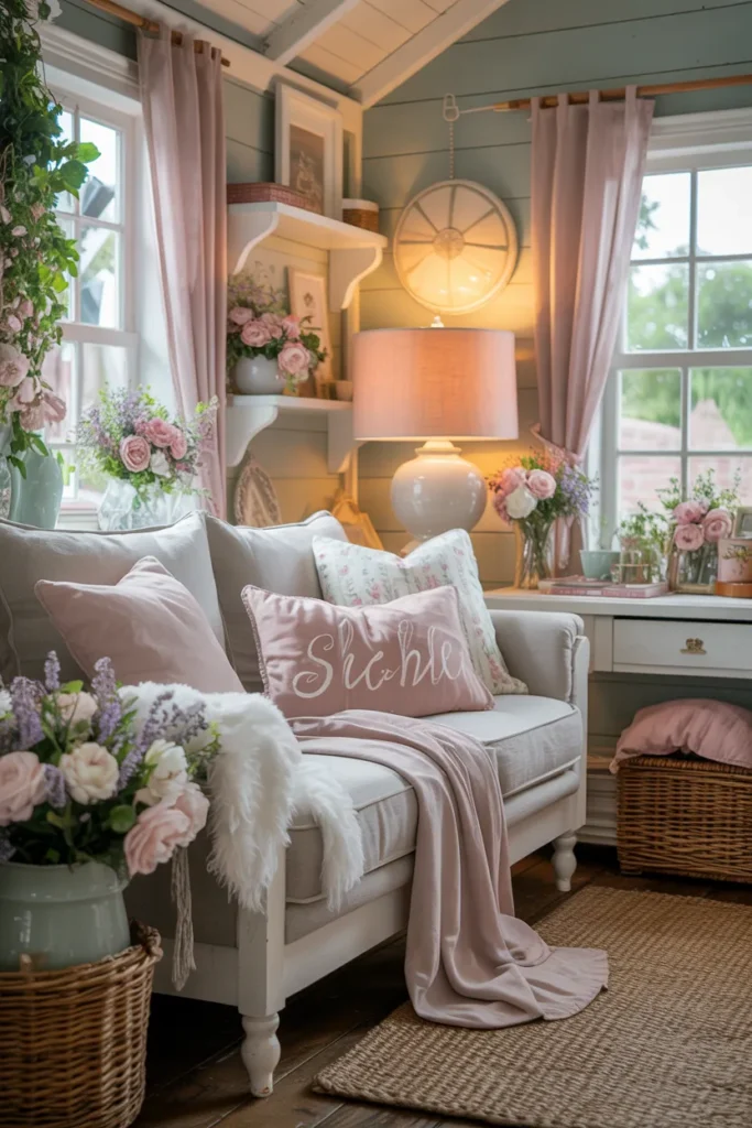 Cottage-Style She Shed with Soft Comfort