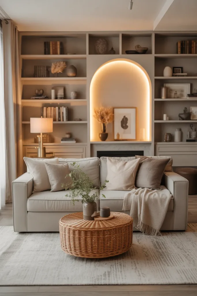 Cozy Aesthetic Living Room with Built-In Shelves