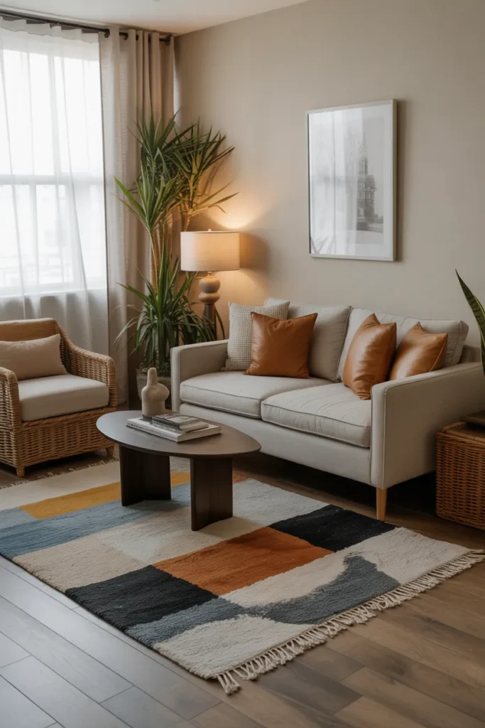 Cozy Apartment Living Room with Layered Rugs
