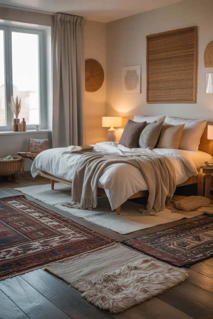 Cozy Bedroom with Layered Rugs