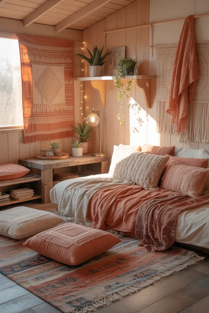 Cozy Boho She Shed Interior with Soft Layers