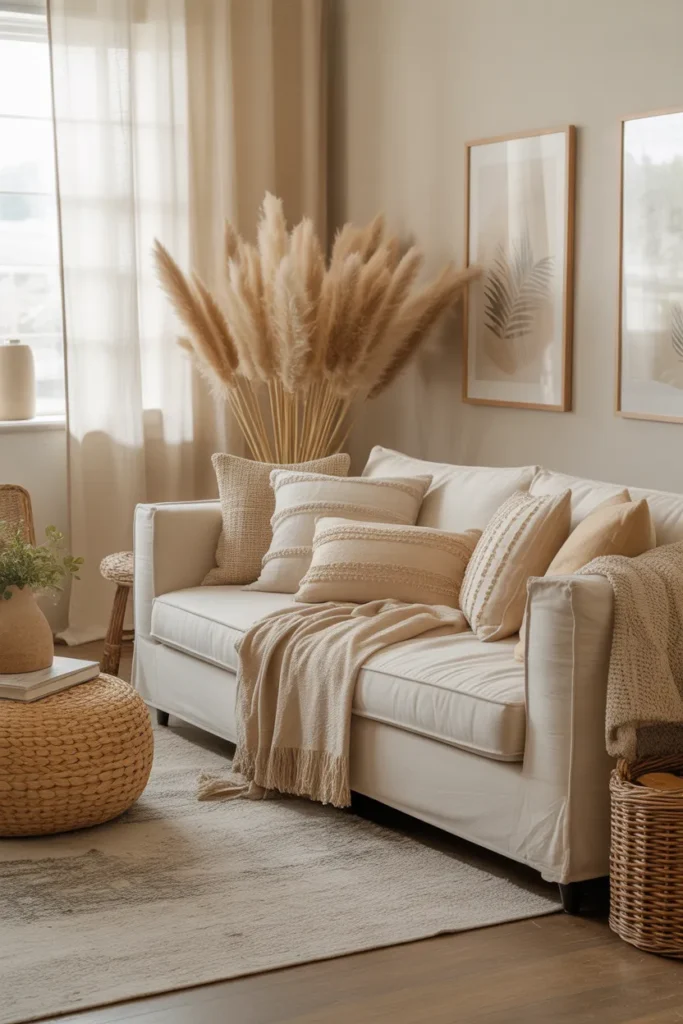 Cozy Earthy Living Room with Textured Fabrics