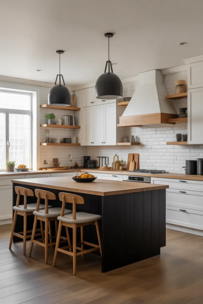 Cozy Farmhouse Kitchen with Open Shelving and Black Accents