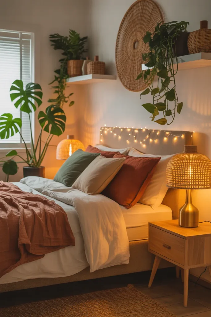 Cozy Jungle Boho Bedroom with Warm Lighting
