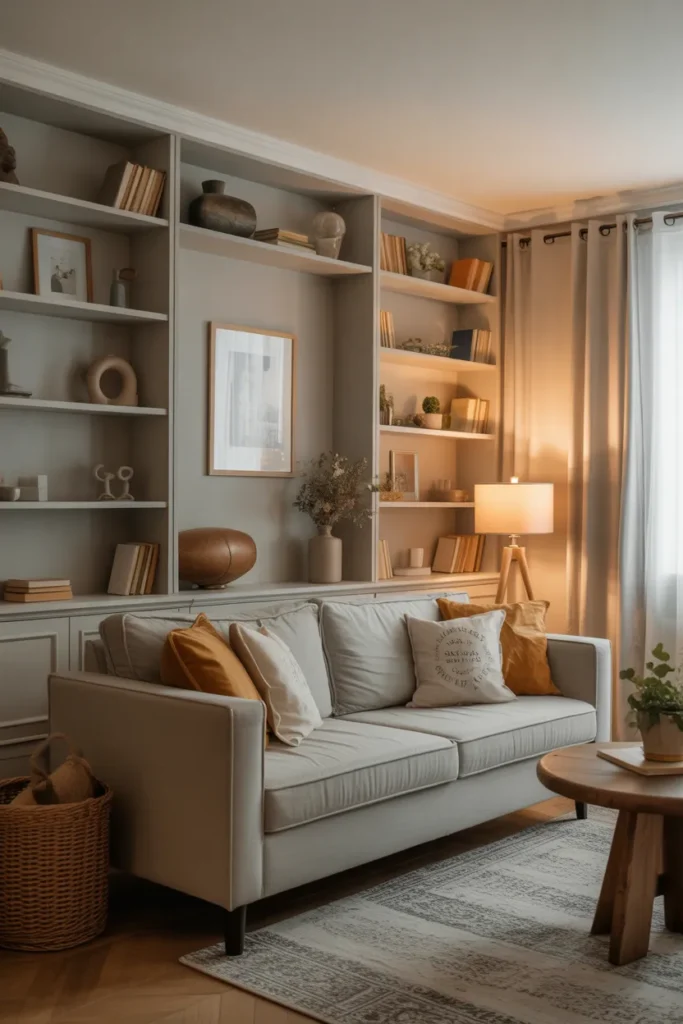 Cozy Living Room with Built-In Shelves