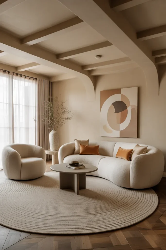 Cozy Living Room with Curved Sofas and Rounded Accents