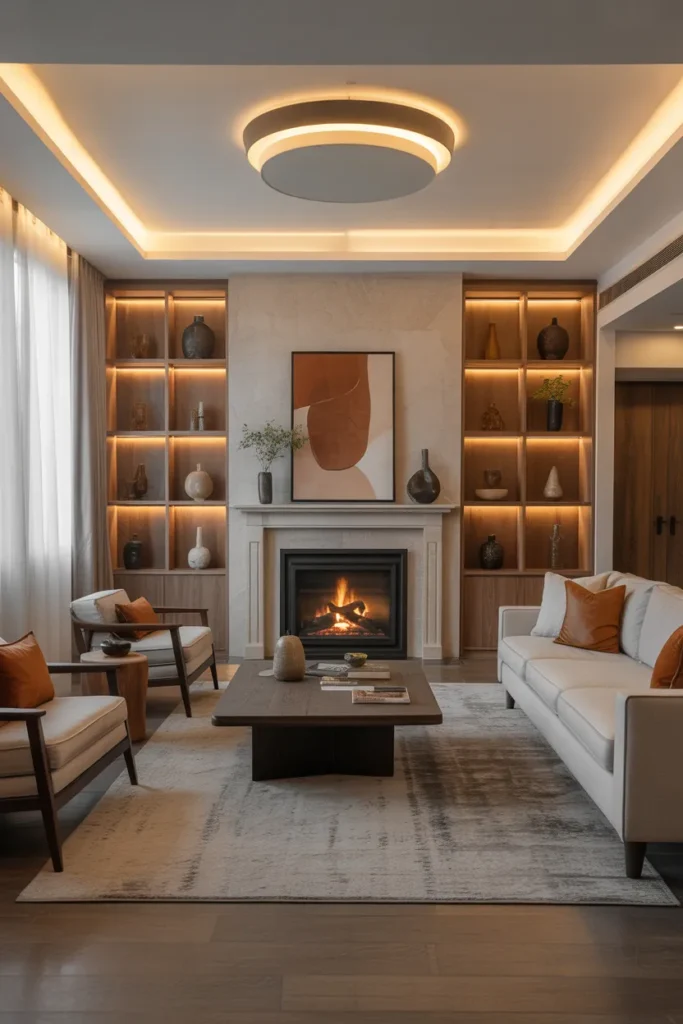 Cozy Living Room with Fireplace and Seating Nook