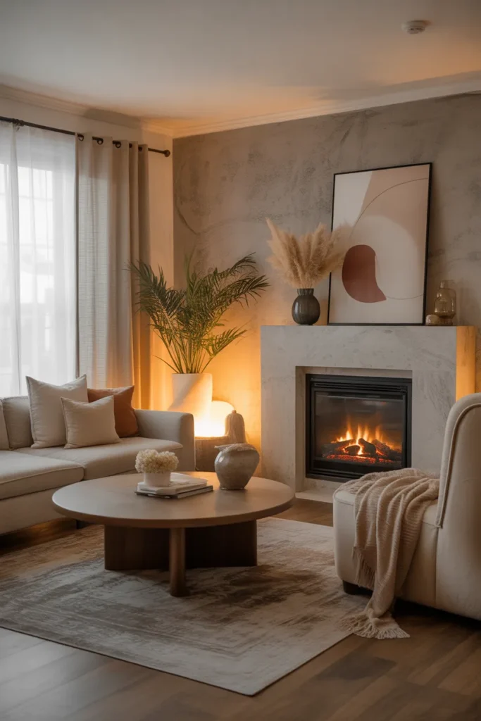 Cozy Living Room with Fireplace and Warm Textiles
