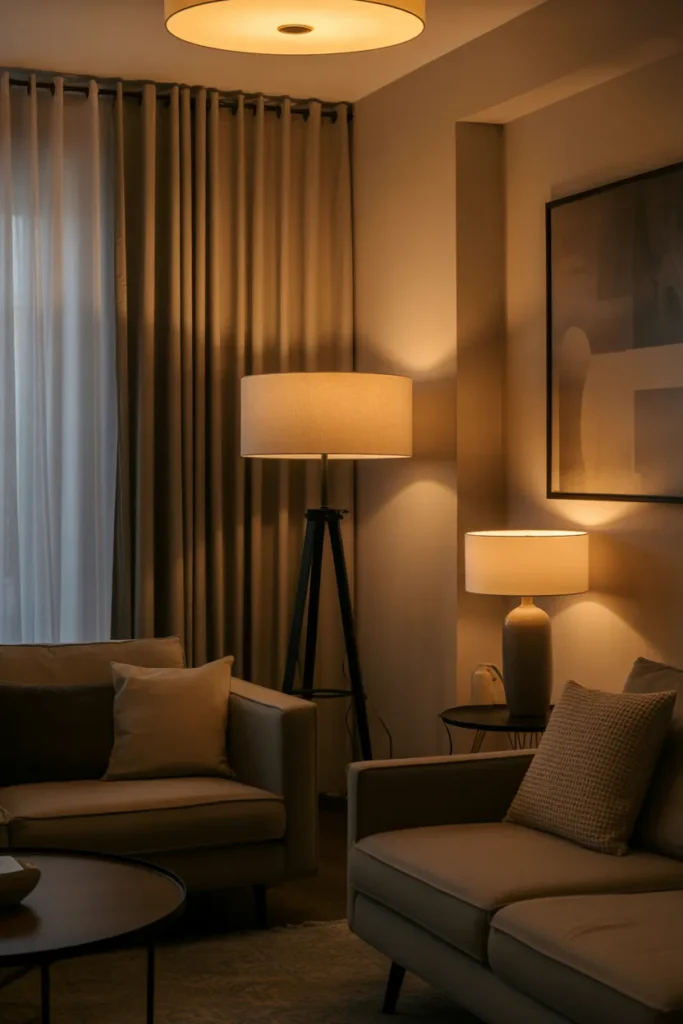 Cozy Living Room with Layered Lighting