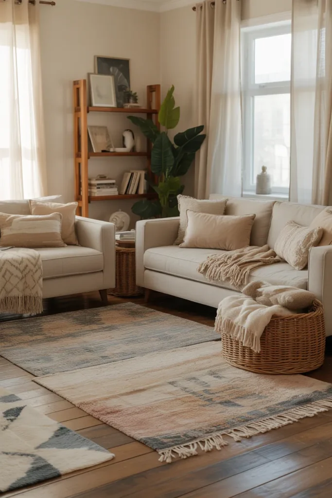 Cozy Living Room with Layered Rugs
