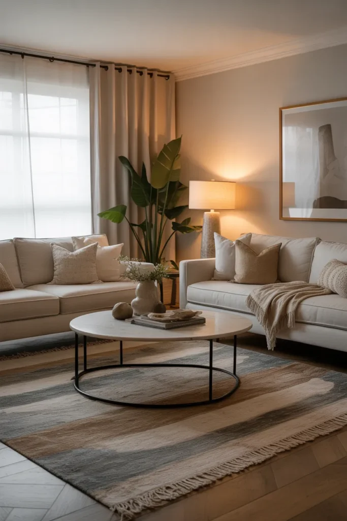 Cozy Living Room with Layered Rugs