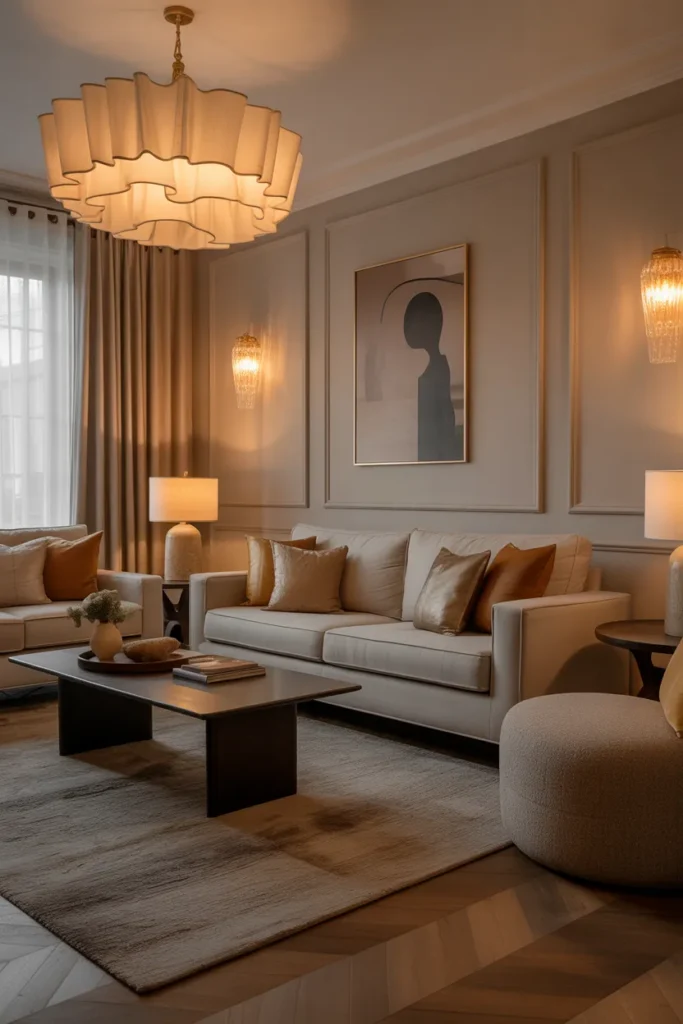 Cozy Living Room with Soft Warm Lighting