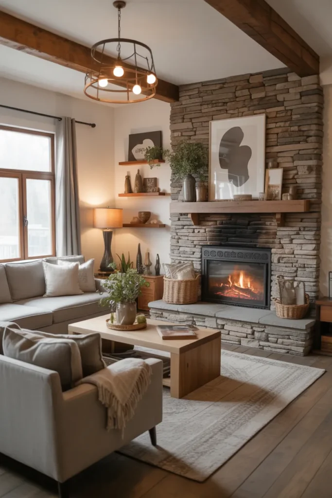 Cozy Living Room with Stone Fireplace