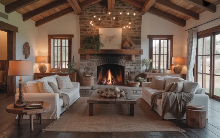 Cozy Living Room with Stone Fireplace,