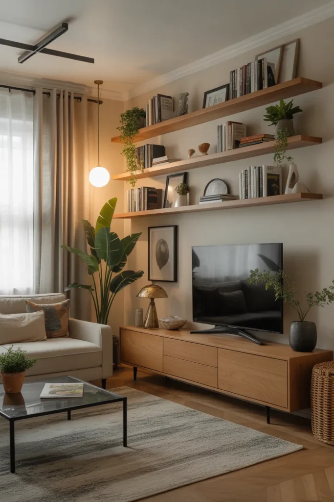 Cozy Living Room with Wall Shelving